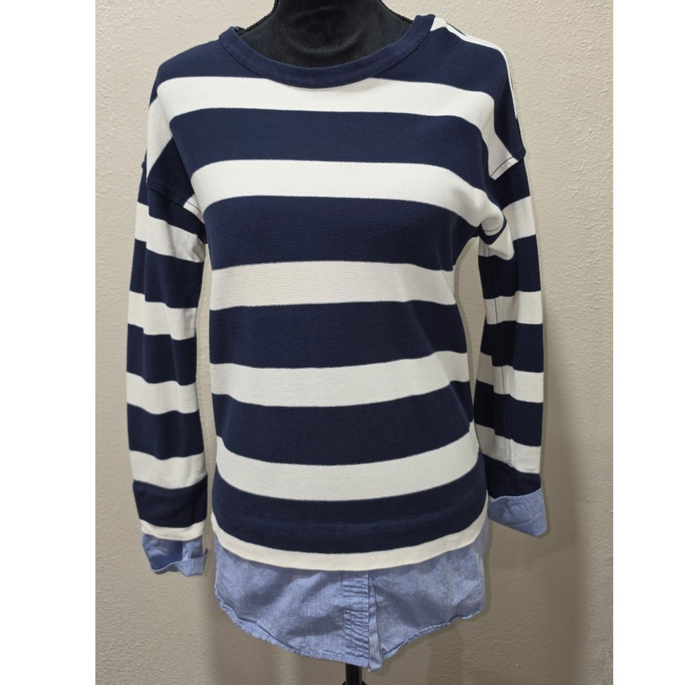 J.Crew Navy White Striped Mixed Media Layered Look Top XS Chambray Hem Cuffs